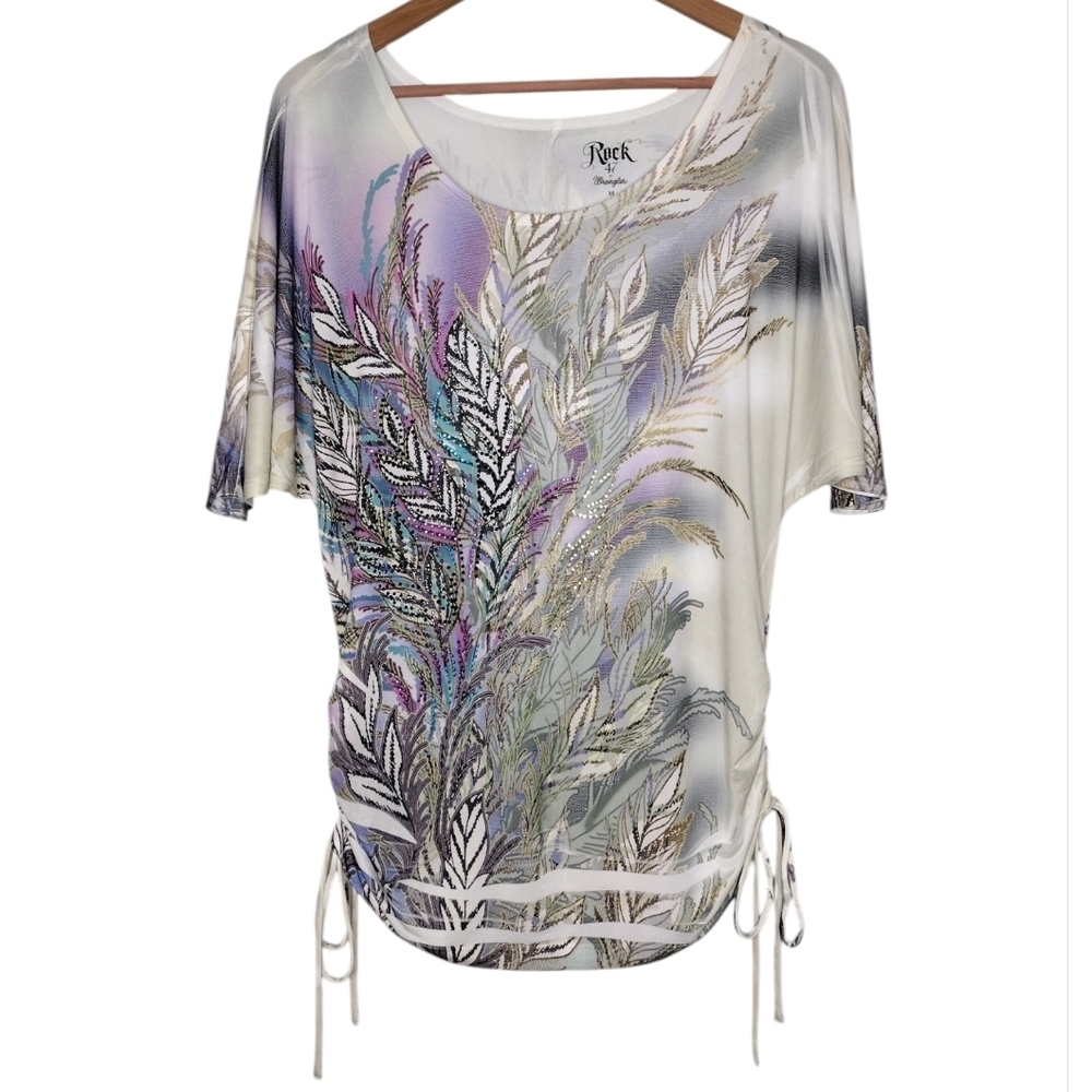 Rock 47 By Wrangler Multicolor Feather Print Scoop Neck Top Sz M